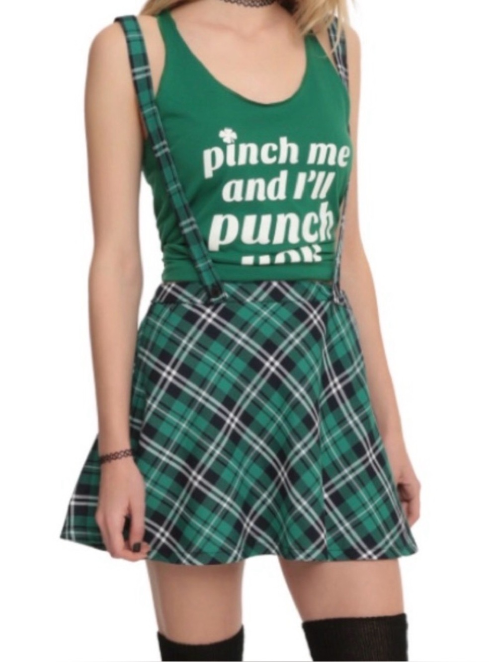 Hot Topic Green Plaid Mini Suspender Skirt